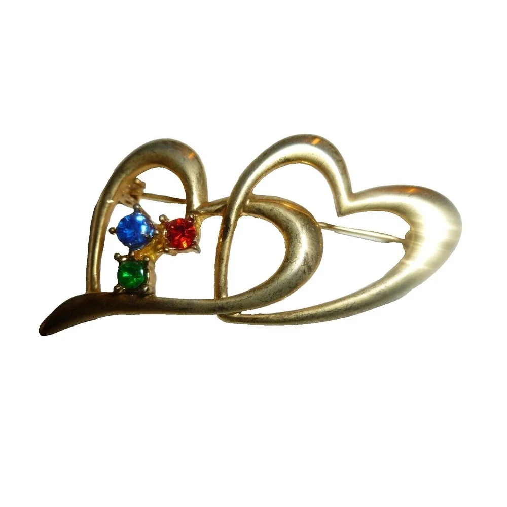 Gold Tone Double Interlocking Heart Brooch Pin Blue‎ Red Green Rhinestone